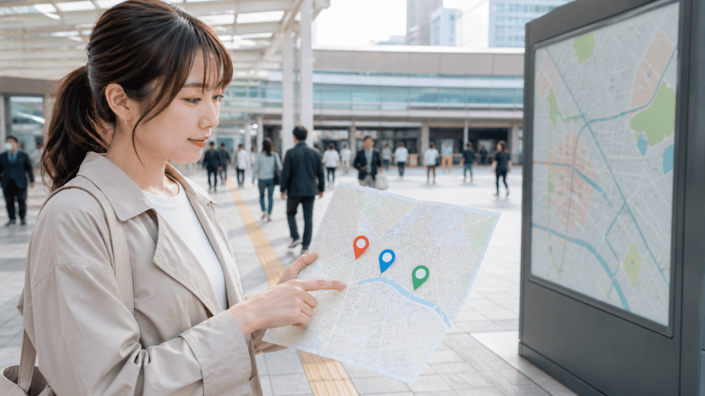 仙台の顔合わせ場所を3つの候補から地図で確認する女性